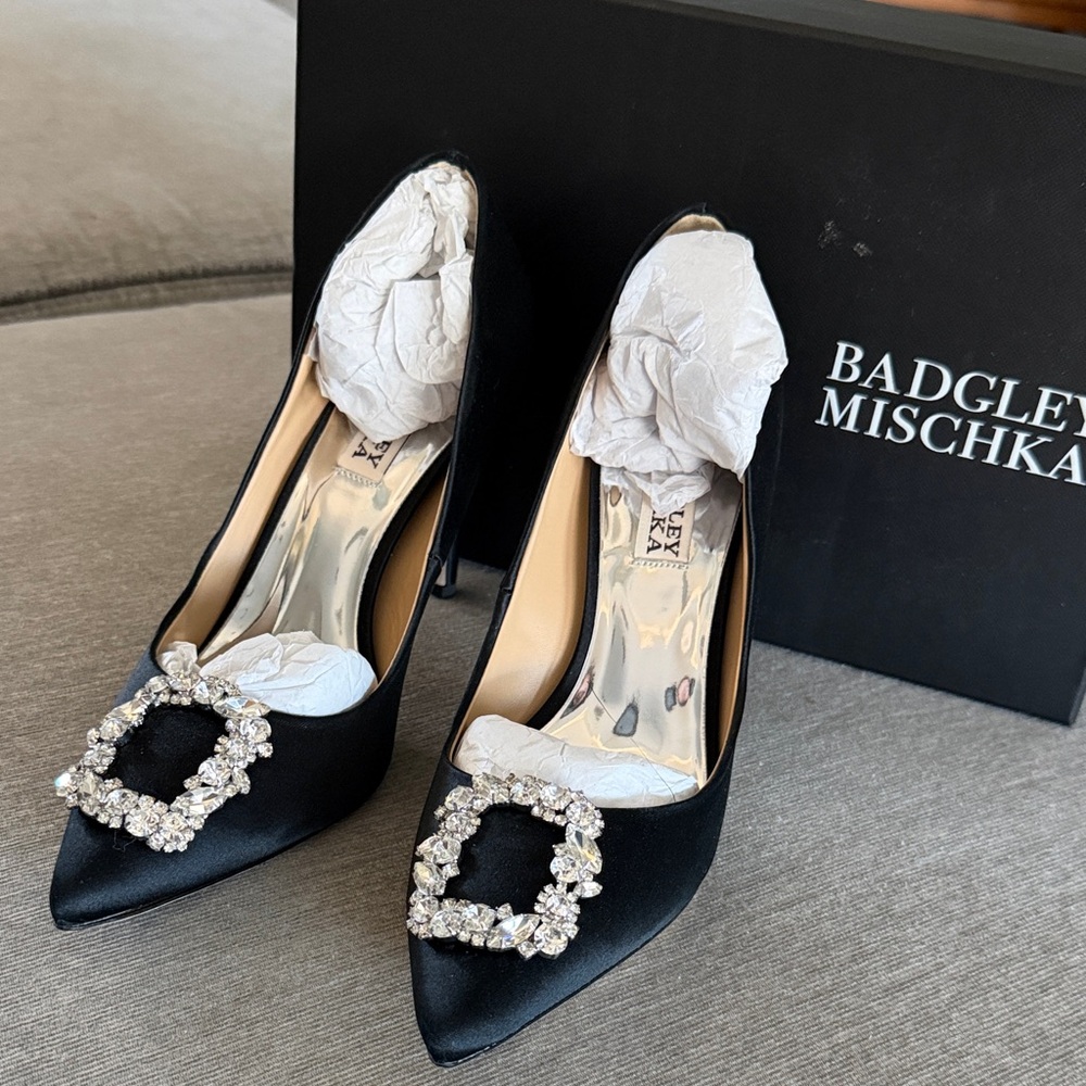 Badgley Mischka Black Satin Pumps with Crystal Buckle